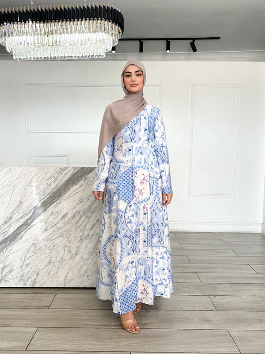 Hajar Dress - Mixed Blue Print